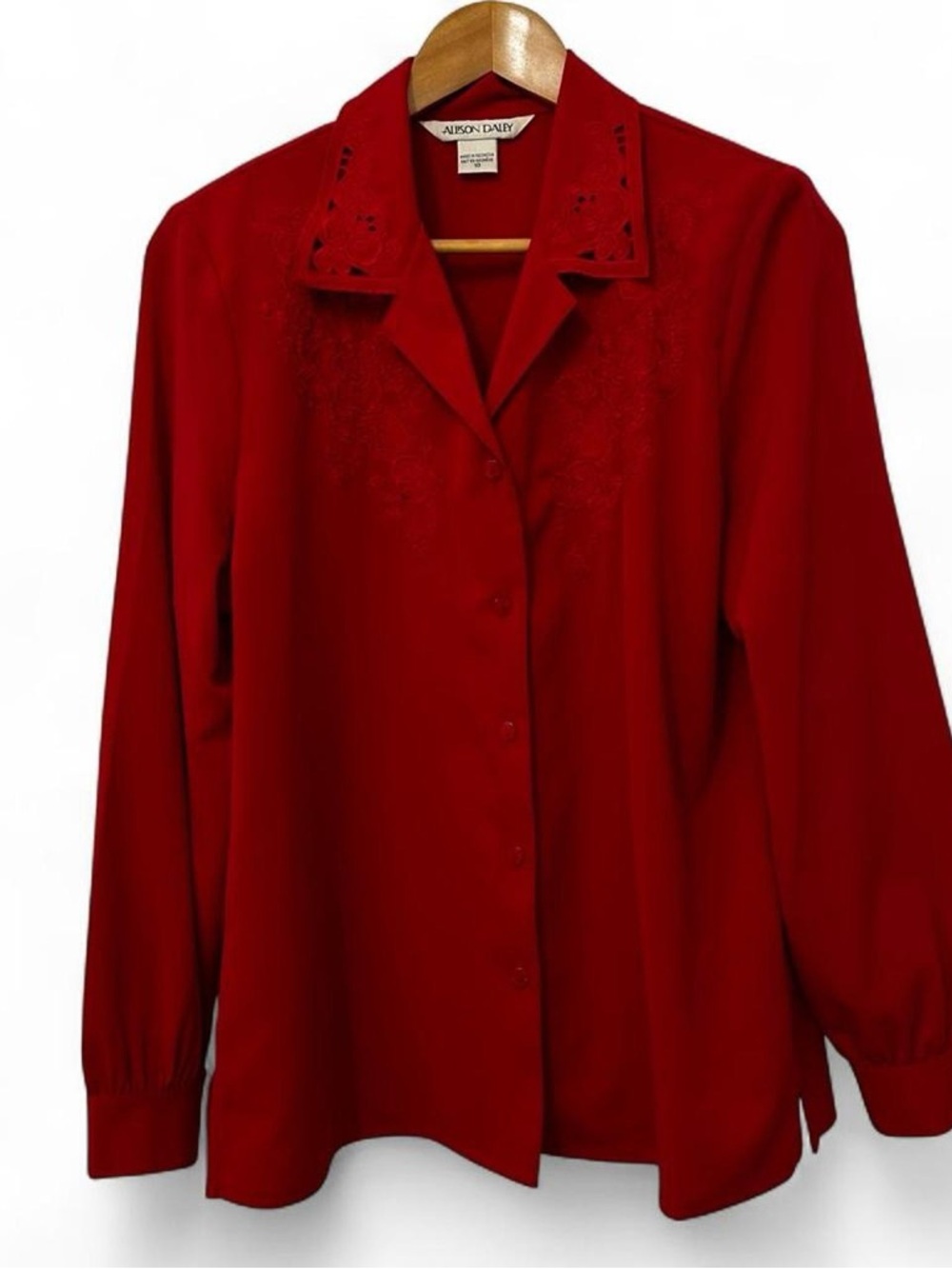 VTG Allison Daley Red Floral Embroidered Blouse Womens 10 Vampire Corporate Goth
